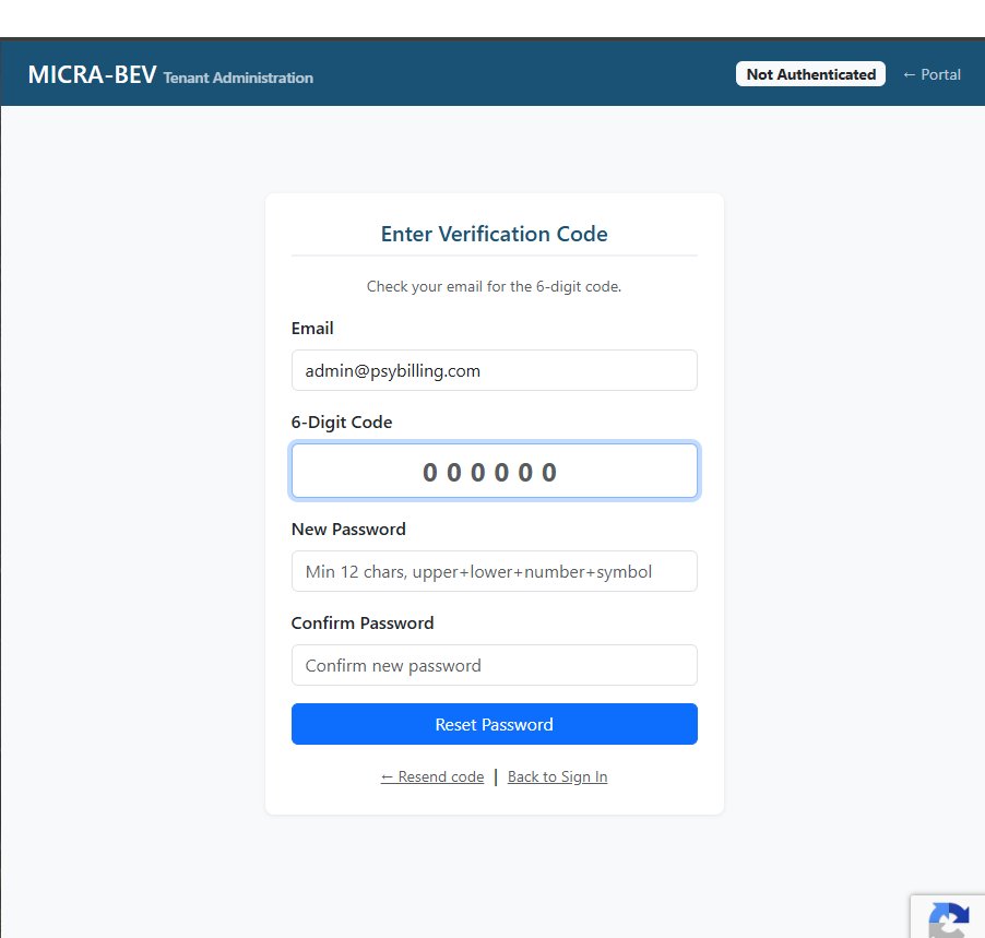 MICRA-BEV Enter Verification Code screen showing 6-digit code field and new password fields